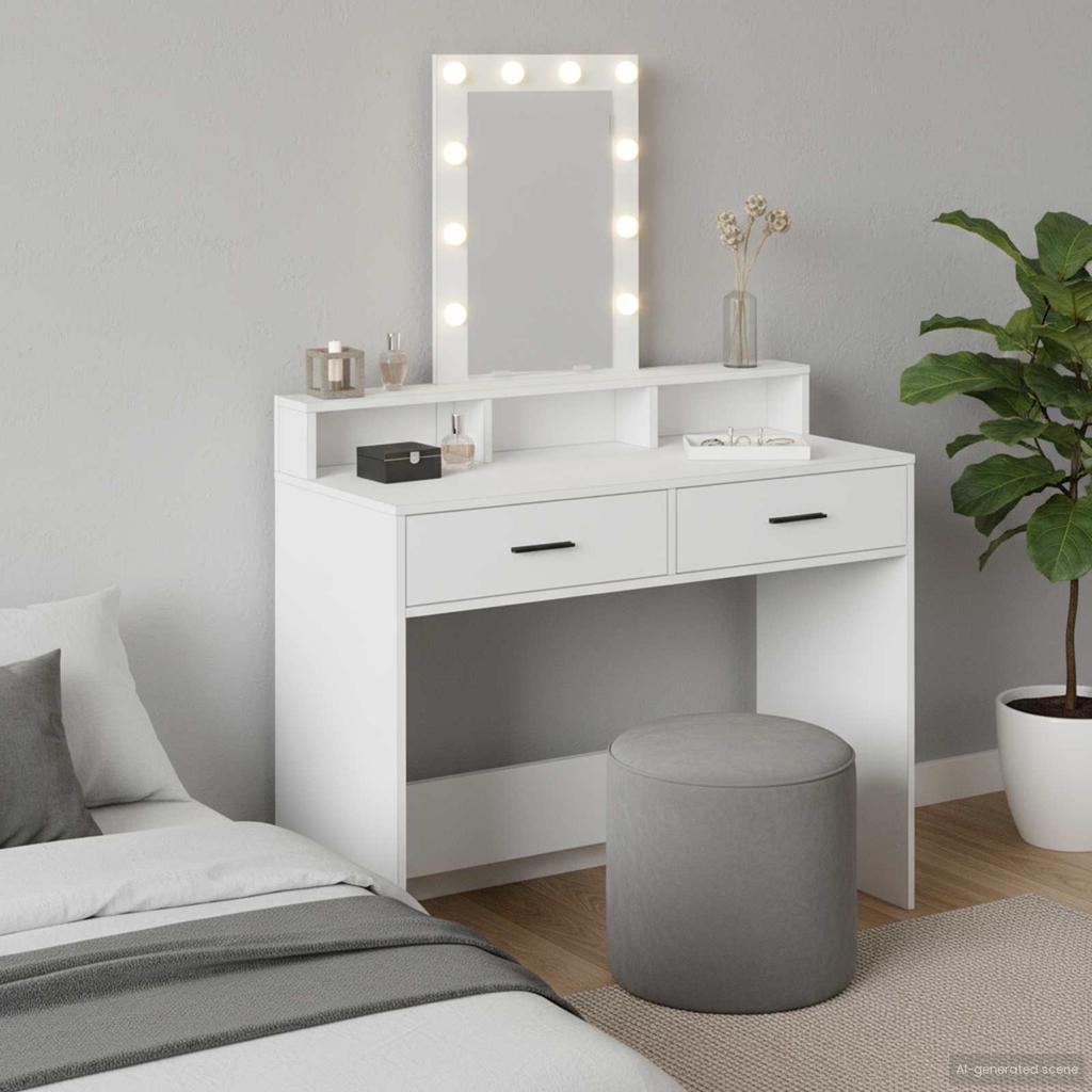 White Makeup Table with Storage 100 X 41 X 140 Cm Engineered Wood