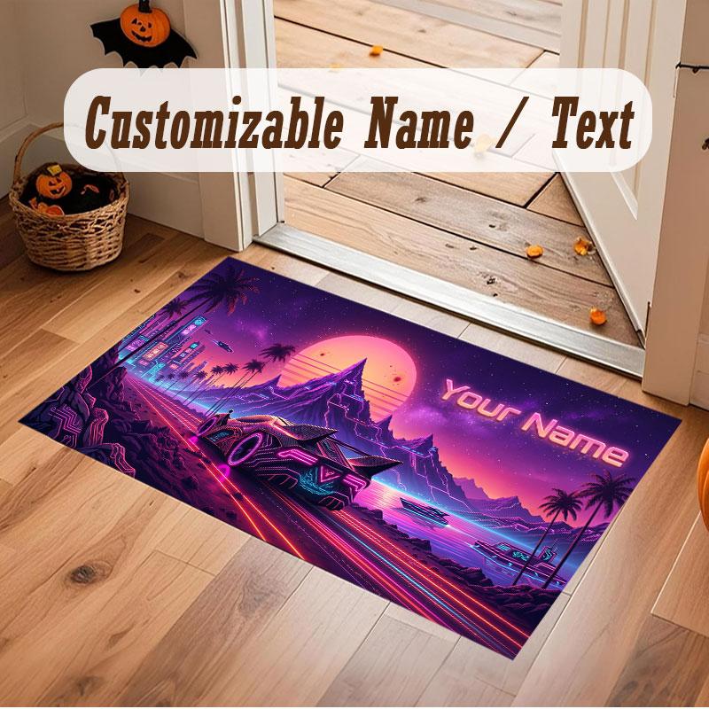 City Cyberpunk Theme Crystal Velvet Floor Rug Personalized Custom Name Text Warm Carpet Home Decoration