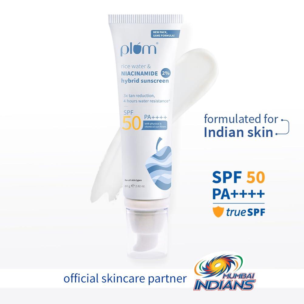 Plum 2% Niacinamide Sunscreen SPF 50 PA+++ With Rice Water | 4 Hrs Water Resistance | 3x Tan Reduction & Brightens | No White Cast, Lightweight, No