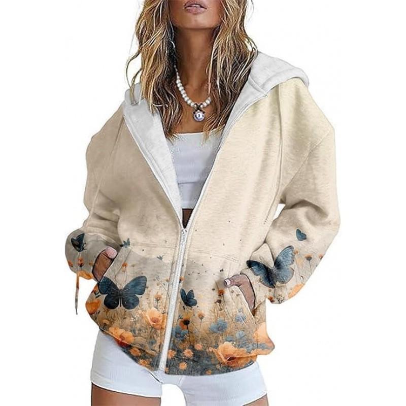 Womens Oversized Hooded Zip-Up Sweatshirt With 3D Printed Winter Casual Loose Fit