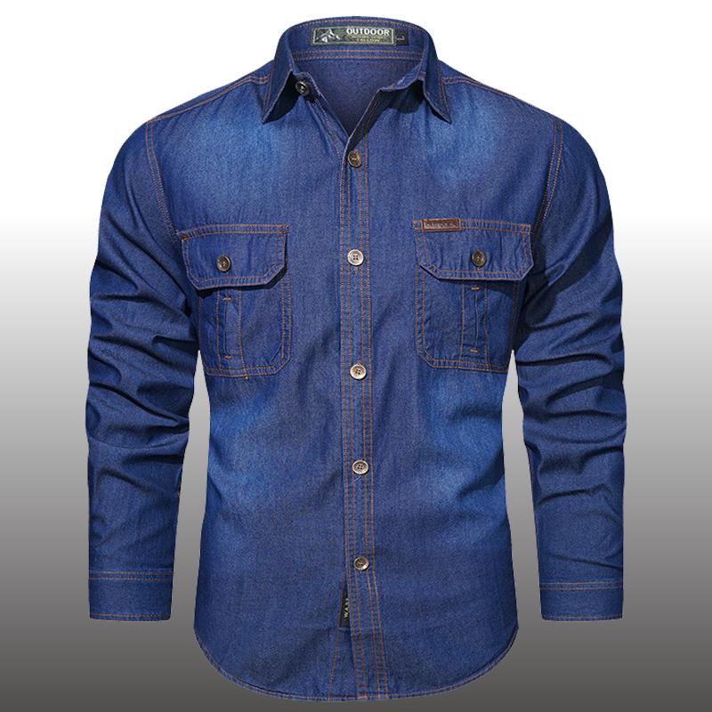 Spring Men Outdoor Multi-pocket Denim Tooling Shirts Man Long-sleeved Denim Shirts Quality Male Cotton Casual Jeans Shirts
