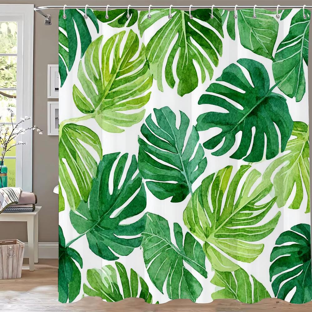 Tropical Leaves Shower Curtains Green Palm Leaf Plants Bath Curtain Set Modern Polyester Fabric Screen Bathroom Decor With Hooks