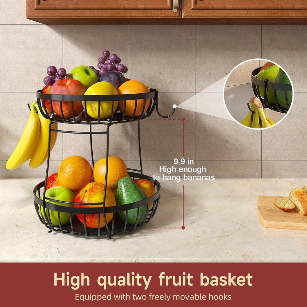 2 Tier Large Fruit Basket for Kitchen Counter with 2 Banana Hangers, Metal Stackable Fruit Bowl for Kitchen Counter for Bread