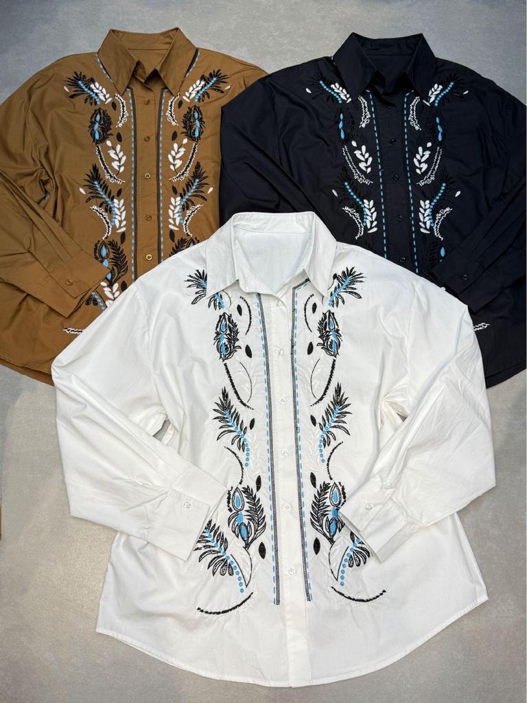 2025 Autumn Retro Long-Sleeve Shirt with Heavy Embroidery and Beadwork