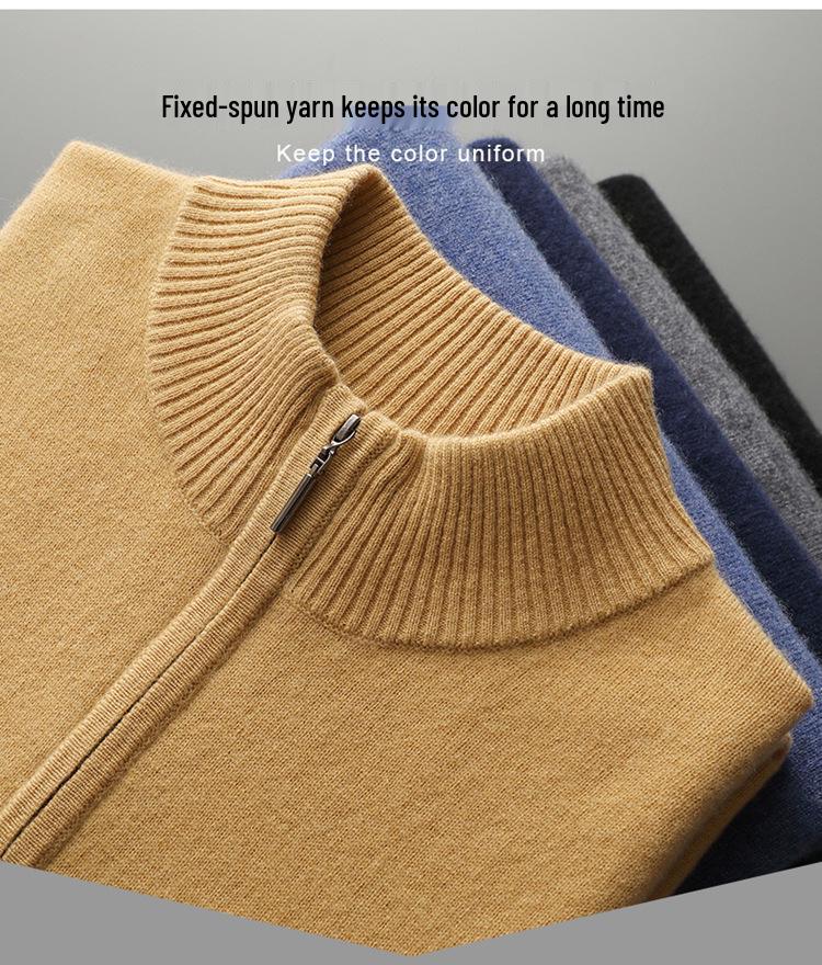 Men's 100% Pure Wool Half-Zip Sweater - Thickened Knit Base Layer for Autumn and Winter