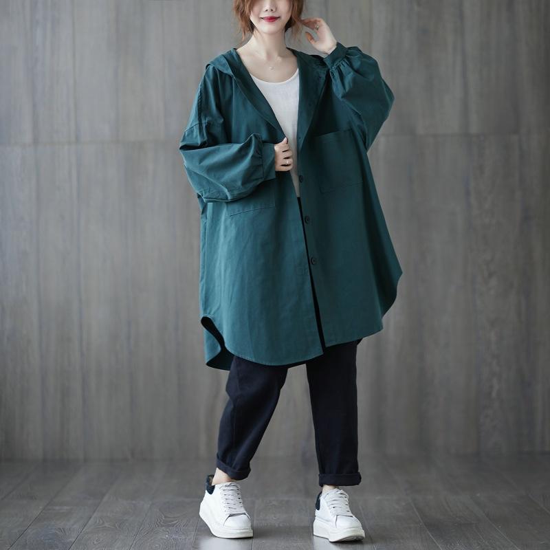 2025 Autumn New Loose Plus Size Hooded Mid-Length Casual Shirt Jacket for Women
