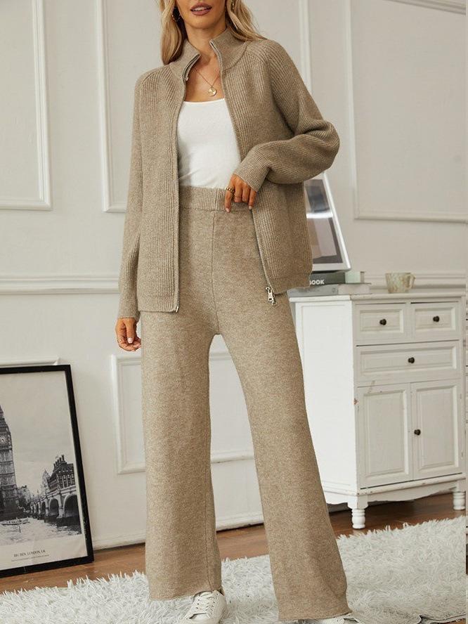 Women's European & American Style Thick Knit Zipper Cardigan Sweater + Wide-Leg Pants Two-Piece Set for Autumn/Winter