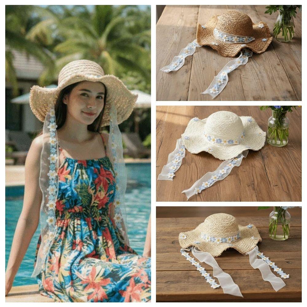 Breathable Vacation Beach Cap with Garland with Lace Big Brimmed Straw Hat Sombrero Sunshade Topi Woven Sun Cap