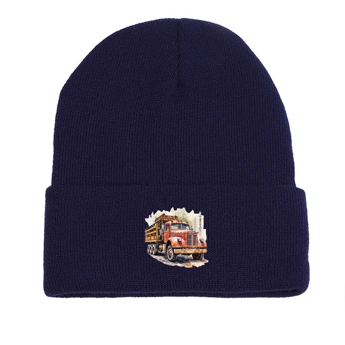 

Vintage Pickup Truck Print Knit Cap Beanie, Skull Cap Windproof Fit Trendy Gorro Knitted Hat Beanie as the picture темно-синий