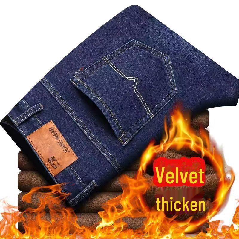 Men's Plush Thick Straight Jeans: Warm, Loose-Fit, Cold-Proof Outdoor Pants for Fall and Winter