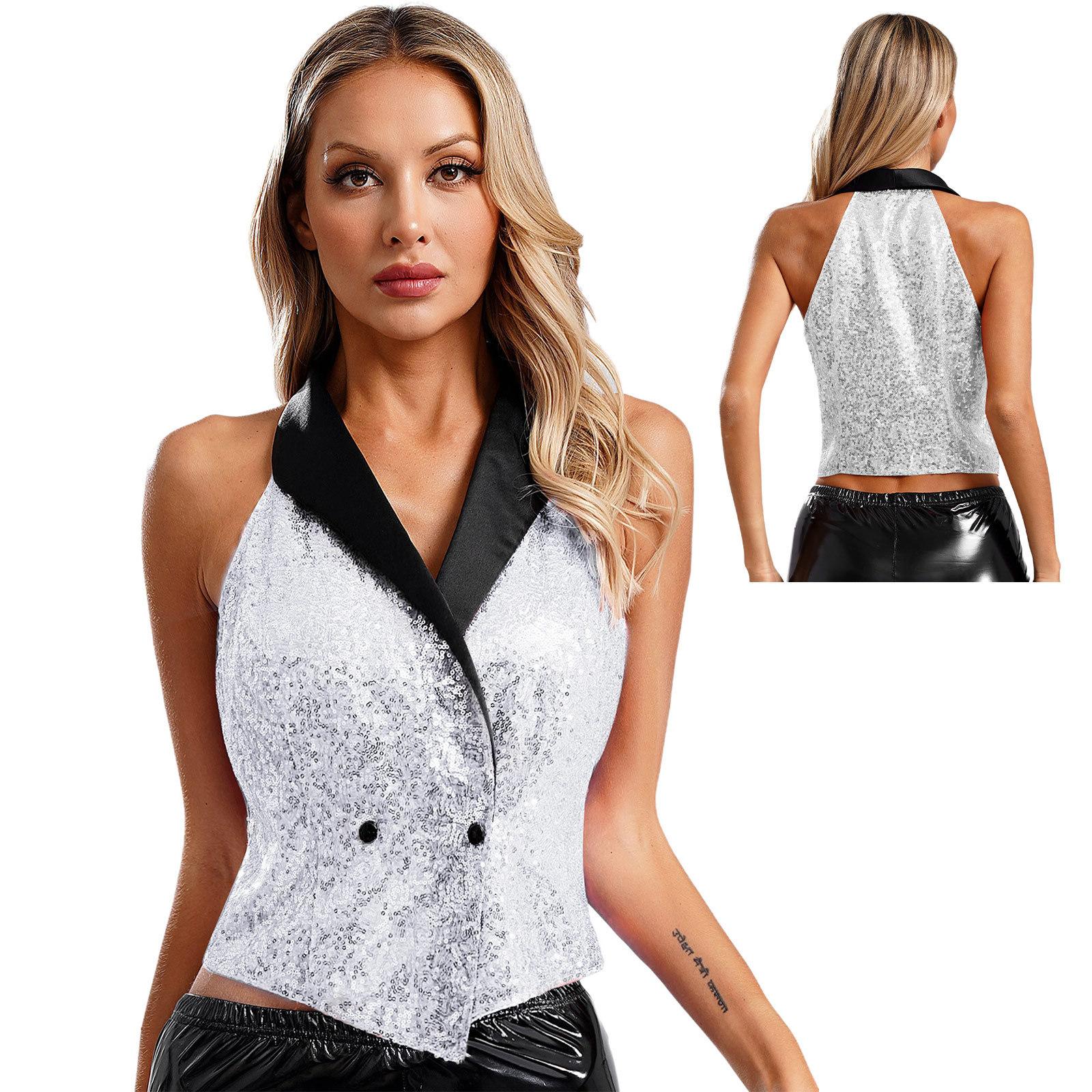 

Жіночі жилети V-подібний виріз Без рукавів Жилет Блискітки Паєтки Костюми Жилети Клубний одяг Рейв Музичний фестиваль Джаз Танці Вечірка Ошатні Топи S срібний