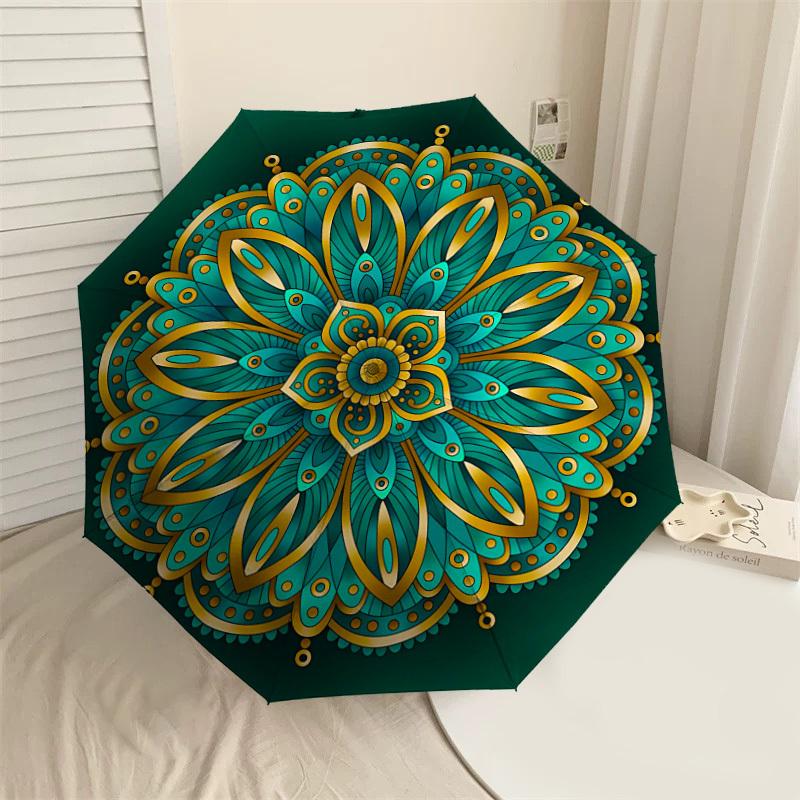 

1PC Mandala Pattern Automatic Open/Close Umbrella Compact Folding Umbrella with 8-Rib Shaft lightweight esign, Highquality Fabric1158A