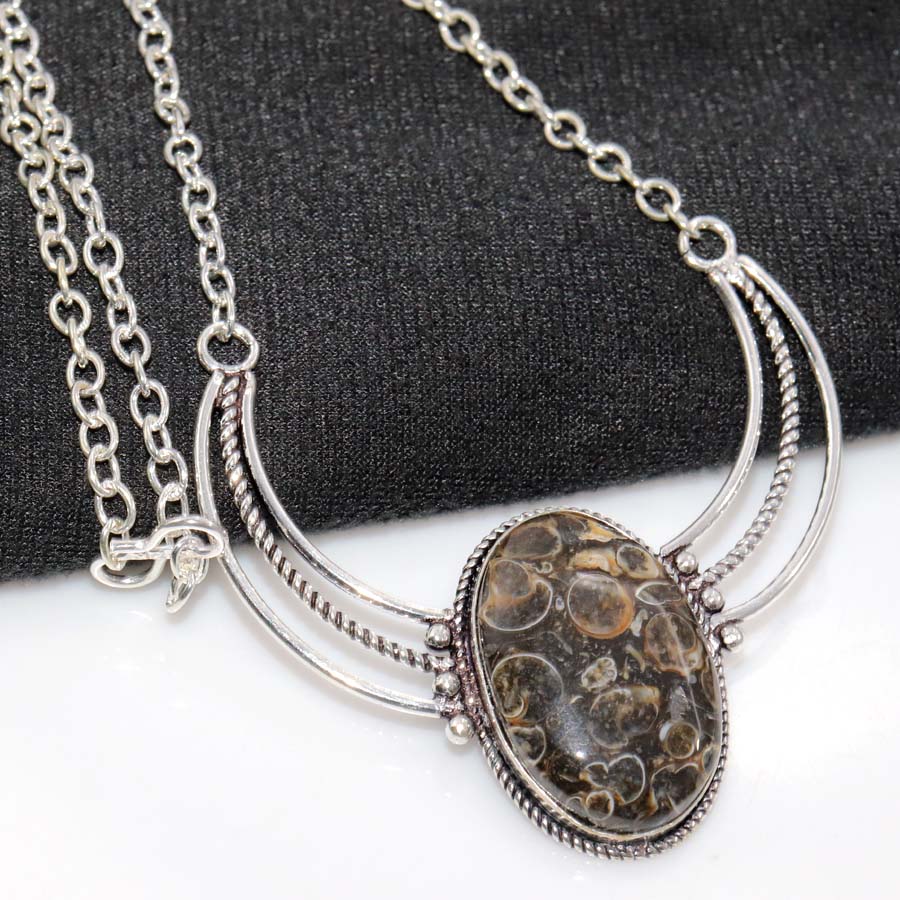 Outstanding Turritella Fossil Agate 925 Silver Plated Necklace 19" Trendy G2i26