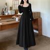 French Hepburn style long-sleeved square neck bottoming dress women's season new style temperament inner long dress