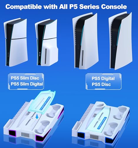 PS5 Slim Stand with 6-Color RGB Lights, PS5/PS5 Slim Controller Charging Stand, Simultaneous Charging of 2 Controllers, 3-Stage Cooling, PS5 Disc/Digi