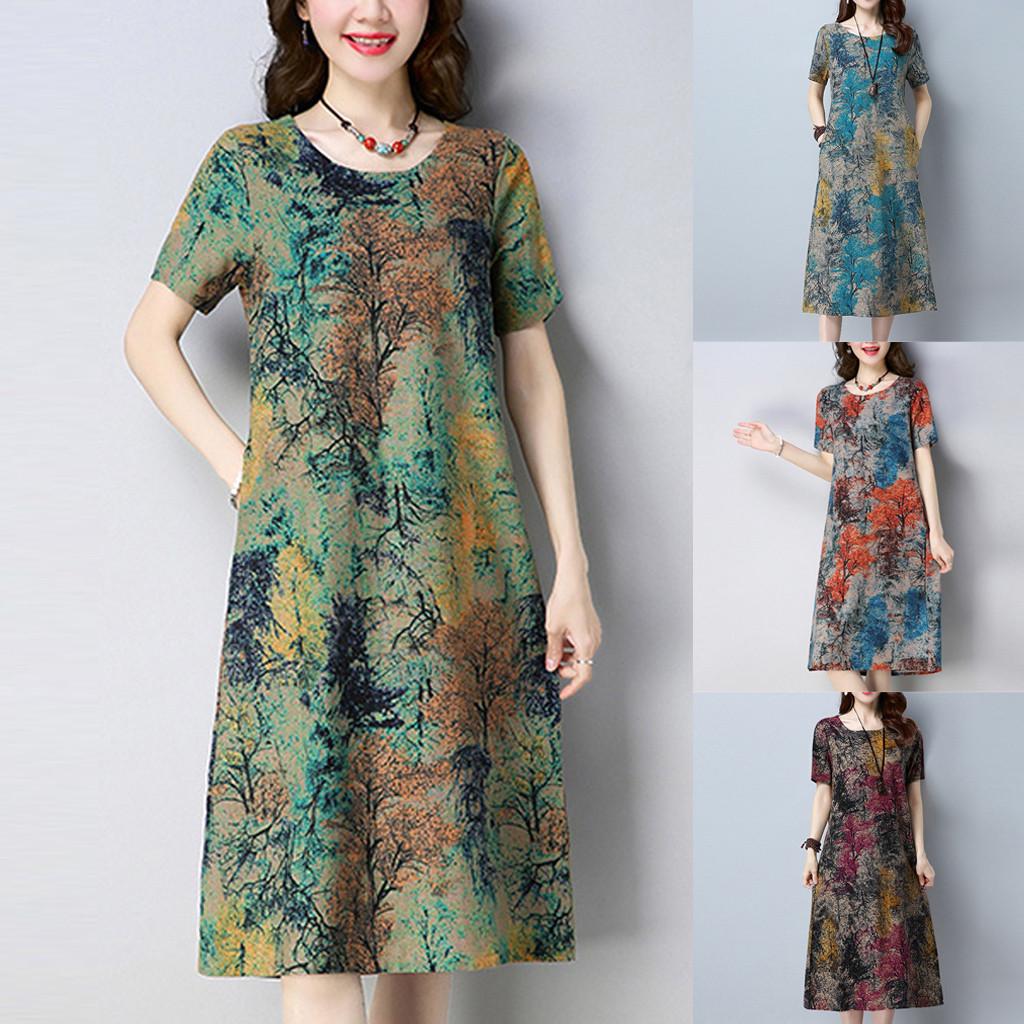 

Модное женское свободное повседневное платье с коротким рукавом и карманом из хлопка и льна с принтом