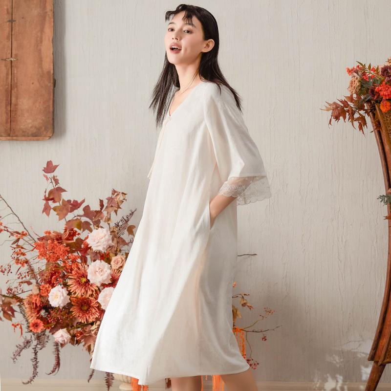 CHELNLSEEY Solid Color V-Neck Mid-Length Five-Quarter Sleeve Nightgown Women nightgown 24972