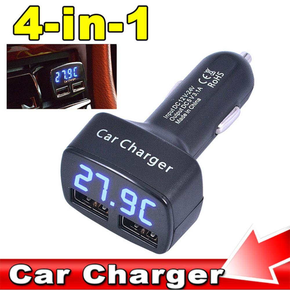 Dual USB Car Charger DC 5V 3.1A Universal with Temperature/Voltage/Current Meter Tester Adapter Digital LED Display Charger 4in1