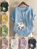 Women's Fashion Cute Cat Print Round Neck Short Sleeve T-shirt Summer Casual Cotton Linen Graphic Shirt Leisure Loose Blouse Tops