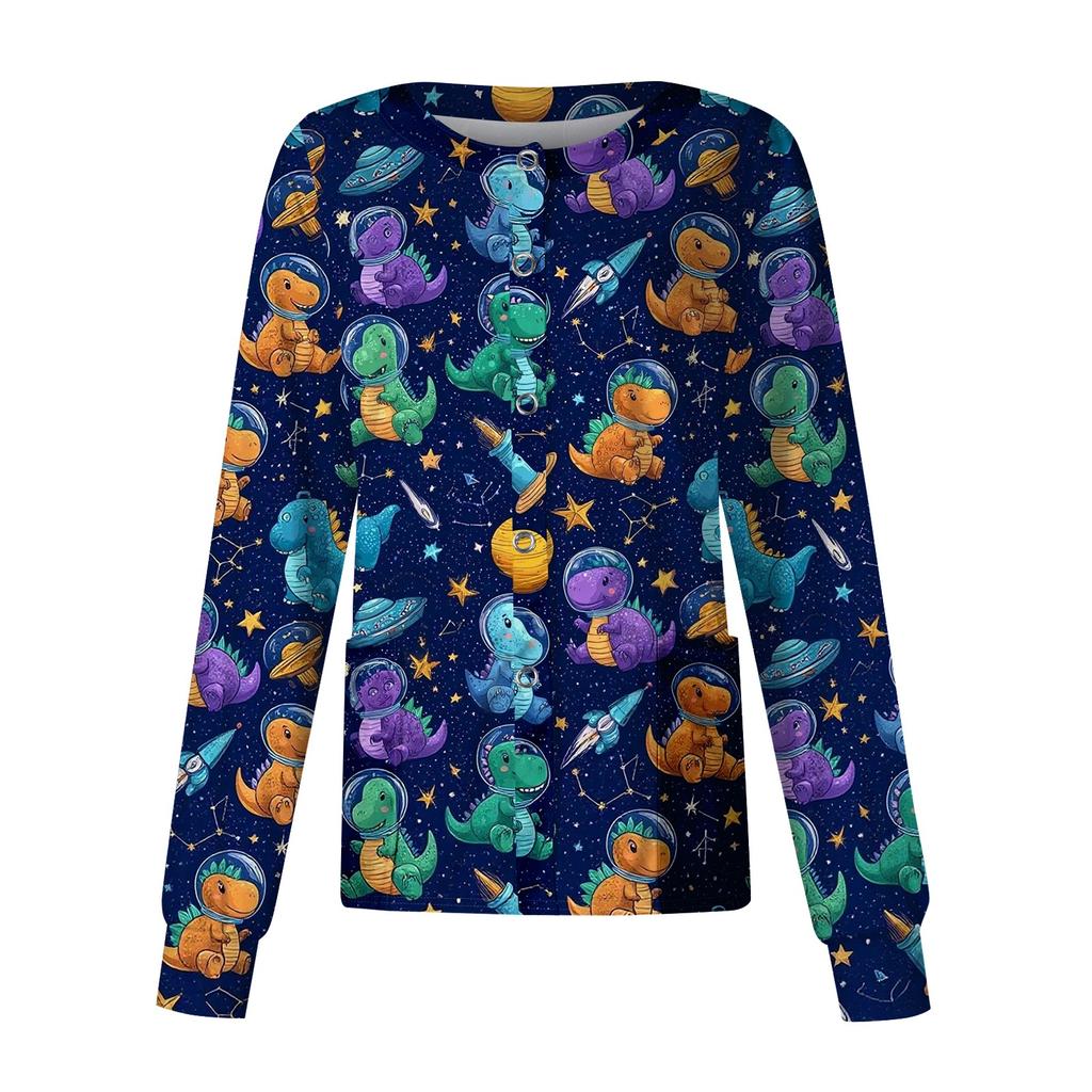 Women Long Sleeve Button Front Cardigan Animal Print Work Shirt Lightweight Casual Cover Up Top for Healthcare and Daily Wear
