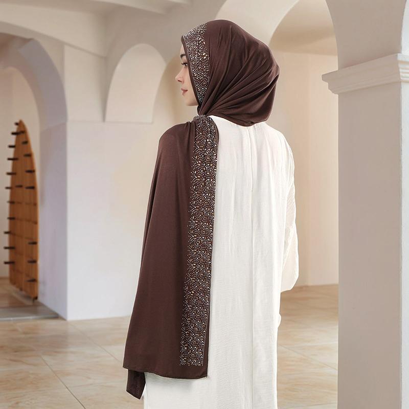 Ramadan Muslimischer Schimmer Strass Jersey Baumwolle Hijab Schal für Damen Einfacher Kopfschal Schal Wickeltuch Islamisches Stirnband Turban Bandana