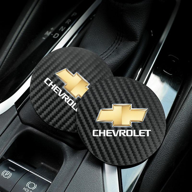 EII3 2Pcs Car Carbon Leather Water Cup Pad Anti Noise Coaster Mat For Chevrolet Silverado Camaro Tahoe Equinox Suburban Cruze Malibu