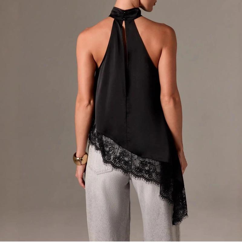 Summer New Women's Fashionable Sleeveless Satin Halter Neck Top with Lace Trim