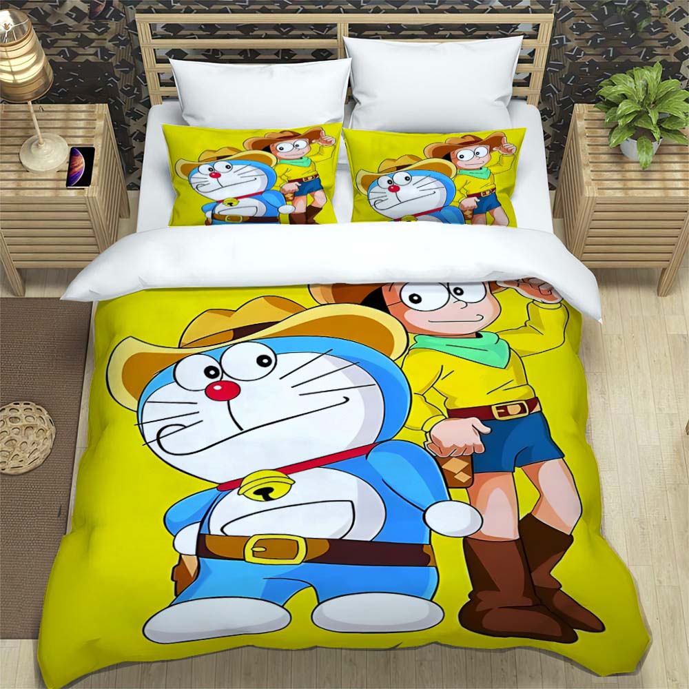Doraemon Anime Serie Bettwäsche-Set, Inklusive Bettbezug und Kissenbezügen, 3-teiliges Set; Schlafzimmerdekoration kann individuell gestaltet werden.