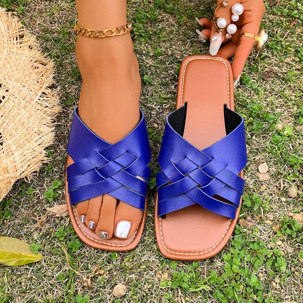 Foreign Trade Large Size Square Head Woven Solid Color Slippers Women's 2025 New Versatile Casual Flat Bottom Outer Wear Large Size Women's Slippers