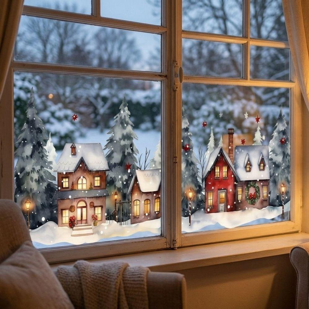Watercolor Style Winter House Pine Tree Stickers Snowy Town Window Cling  Winter Season