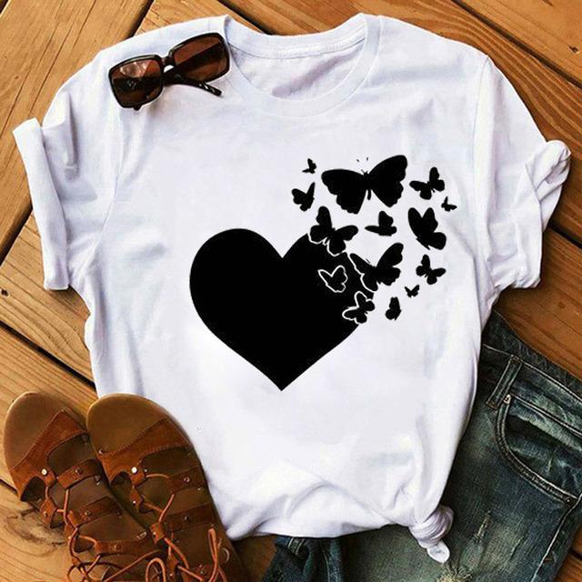 Women T Shirt Butterfly Heart Print T Shirt Female Summer Casual Cute Graphic Tee Tops Women Summer Funny Harajuku T-Shirts Tops
