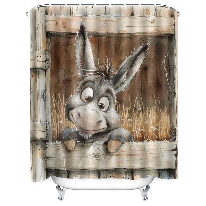 Cute Donkey in Barn Waterproof Shower Curtain Heat Resistant Machine Washable Non-Transparent 180x180cm
