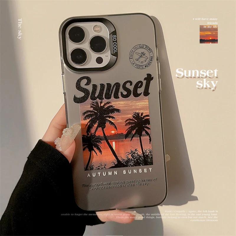 Sunset Coconut Tree Scenery Laser Phone Case For iPhone 16 15 14 13 12 11 Pro Max XS XR X 7 8 Plus SE  Shockproof Hard Cover