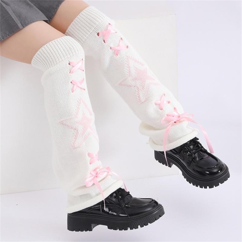 Women's Punk Star Pattern Knitted Leg Warmers with Ribbon Bows Flared Boot Covers Knee Length Socks Japanese Streetwear