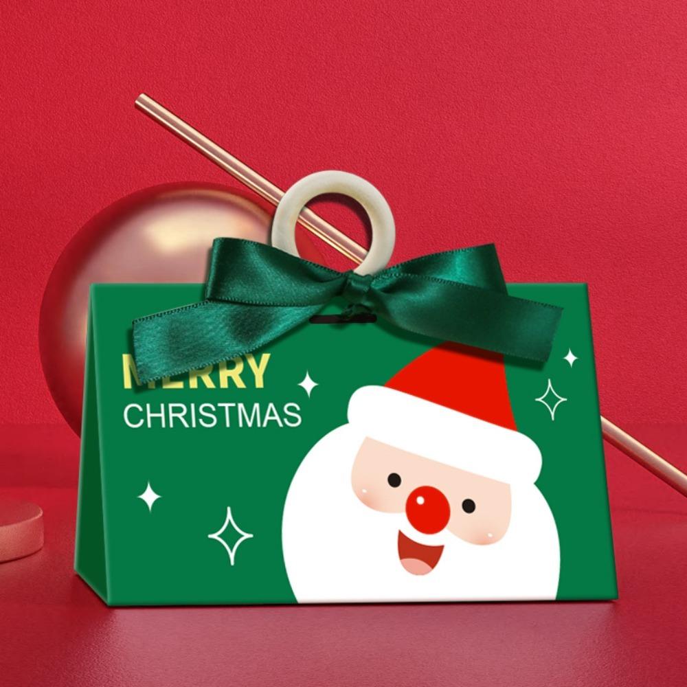 5PCS Merry Christmas Candy Boxes Bags Santa Claus Empty Christmas Eve Apple Boxes with Wooden Handle Kraft Paper Gift Box 5x5x5cm зелёный