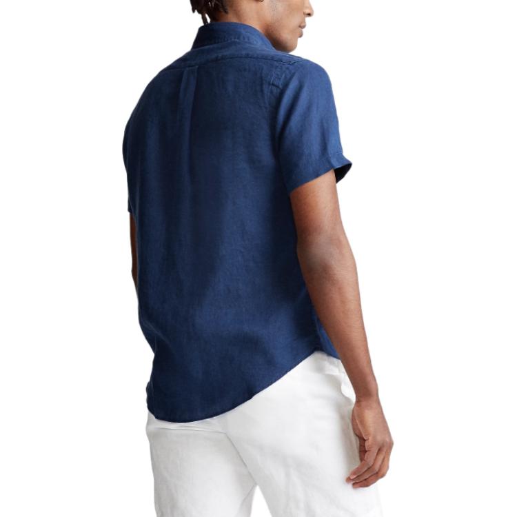 Polo Ralph Lauren Couleur Unie Poney Brodé Simple Boutonnage Ample Manches Courtes Chemise Homme chemises Bleu Foncé MNPOWOV1N820042-410