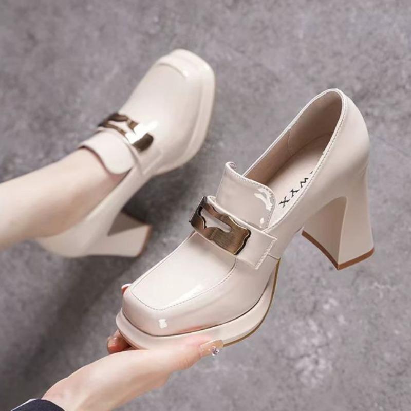 Fashion Women's Fashion Thick Heel Shoes Fall New Square Head Deep Mouth Metal Buckle Anti-slip Wear-resistant High Heels