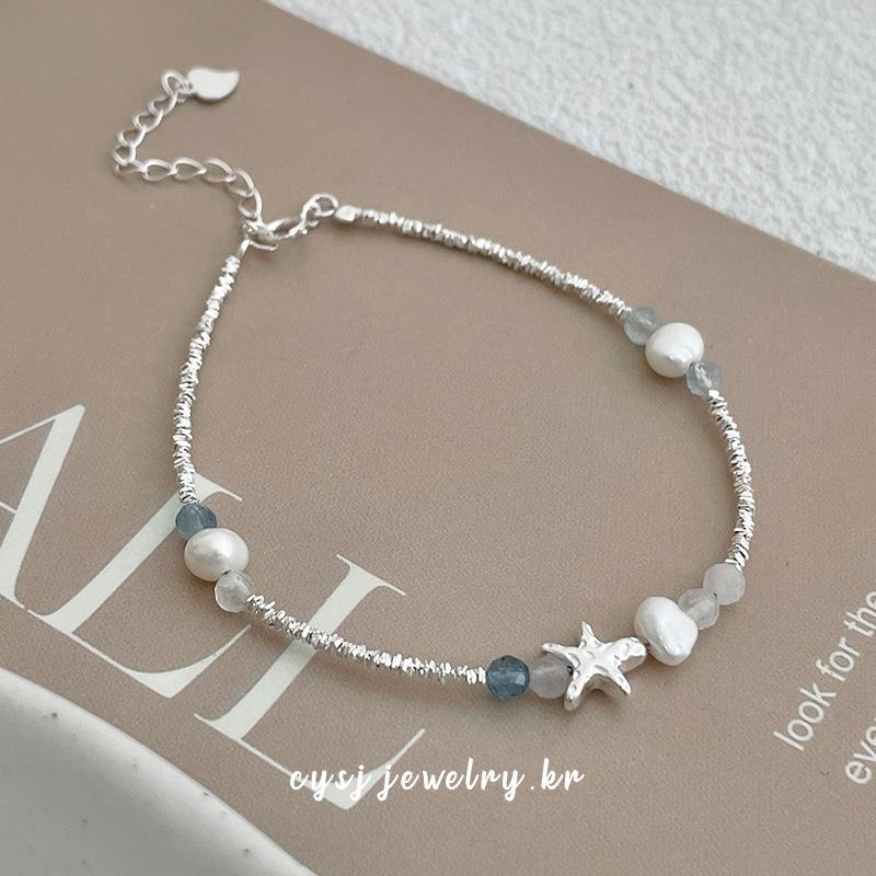 Cui Yan S925 Sterling Silver Natural Pearl & Starfish Bracelet with Aquamarine, Women s Korean Style Jewelry. 925 Sterling Silver