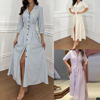 Summer New European And American Fashion Stripe Printing Elegant Style Shirt Dress