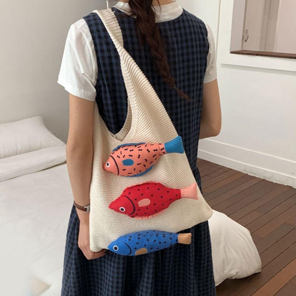 Summer Hollow Out Knitted Bag Crochet Fish Shoulder Bag Casual Weave Knitted Bag  Summer