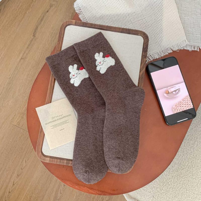 Ladies Autumn New Simple Assorted Cute Bunny College Style Breathable Sweat-absorbing Tube Cotton Socks