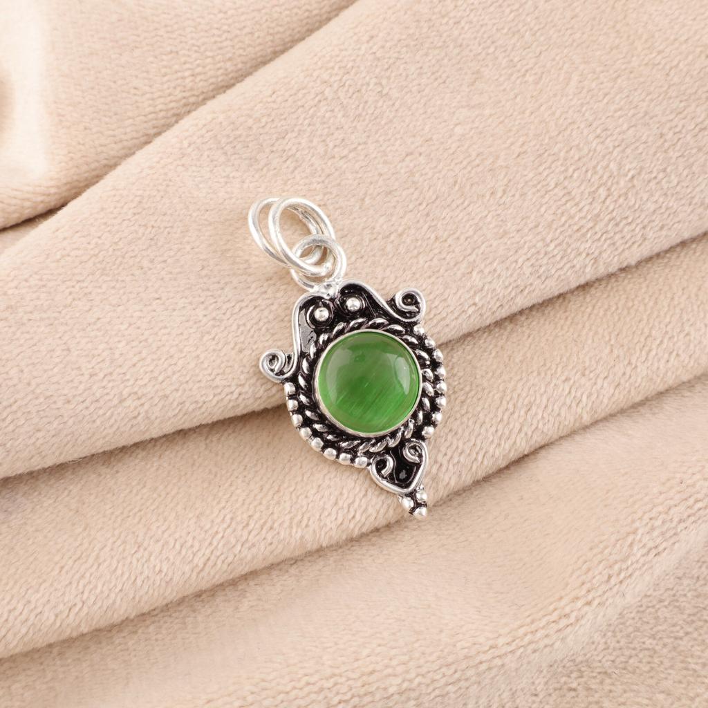 Natural Green Cat's Eye Gemstone 925 Sterling Silver Jewelry Handmade Pendant PP-39-44