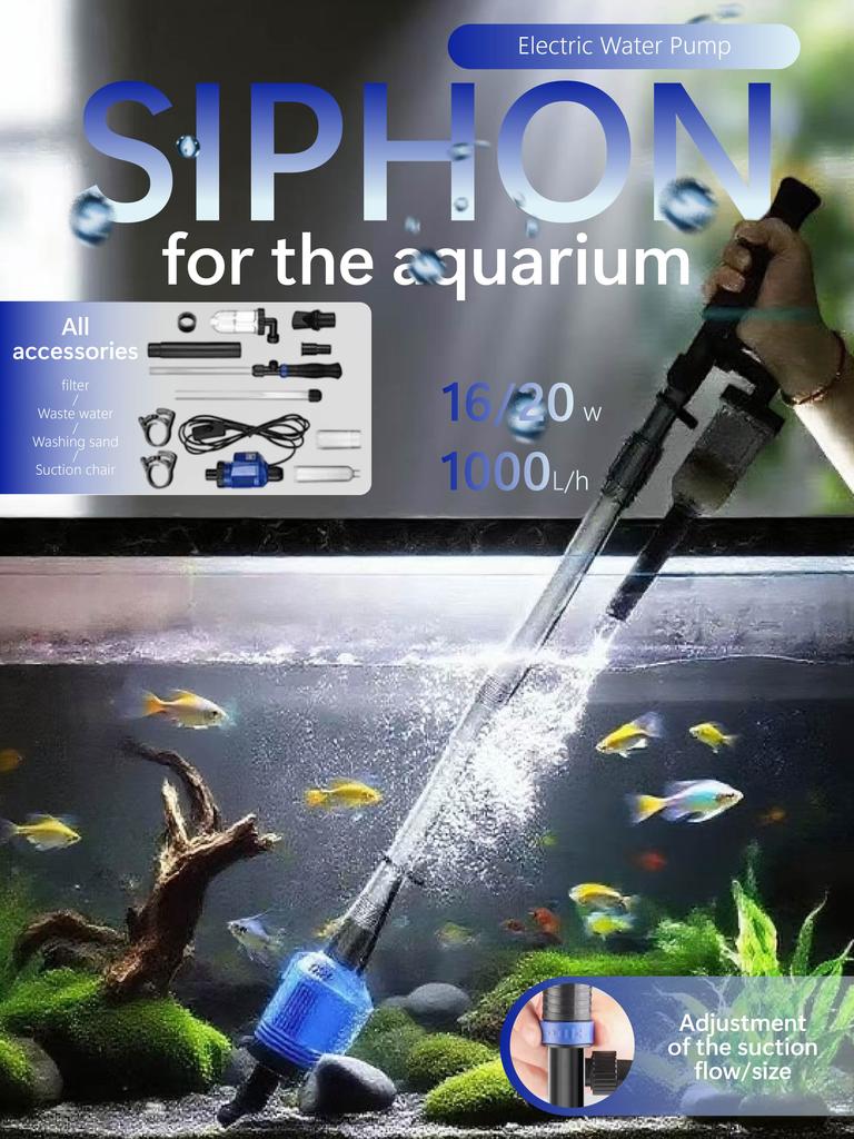 1000L/h Aquarium Electric Siphon Water Pump with Sand Washing & Waste Water Cleaning Accessories
