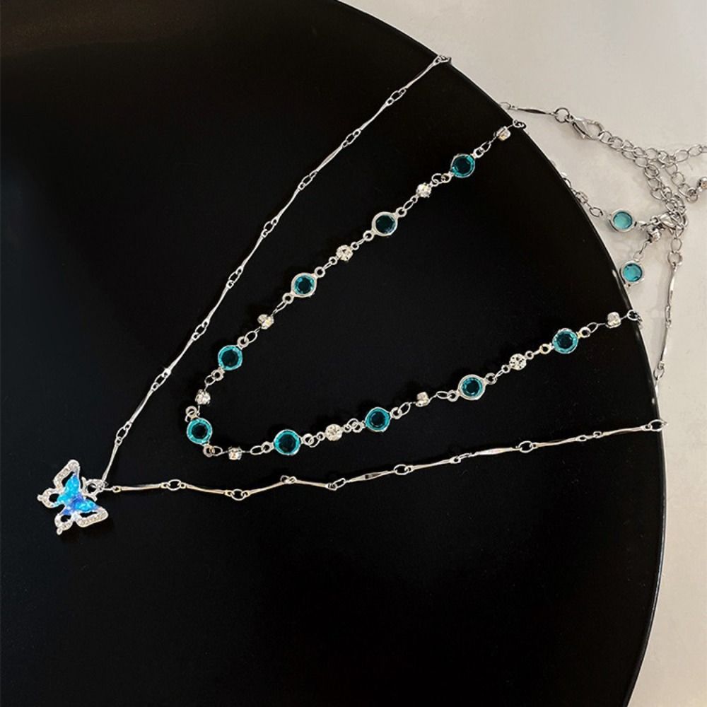Dainty Crystal Butterfly Zircon Necklace Sweet Elegant Double-layer Necklaces Temperament Forest Necklace Daily