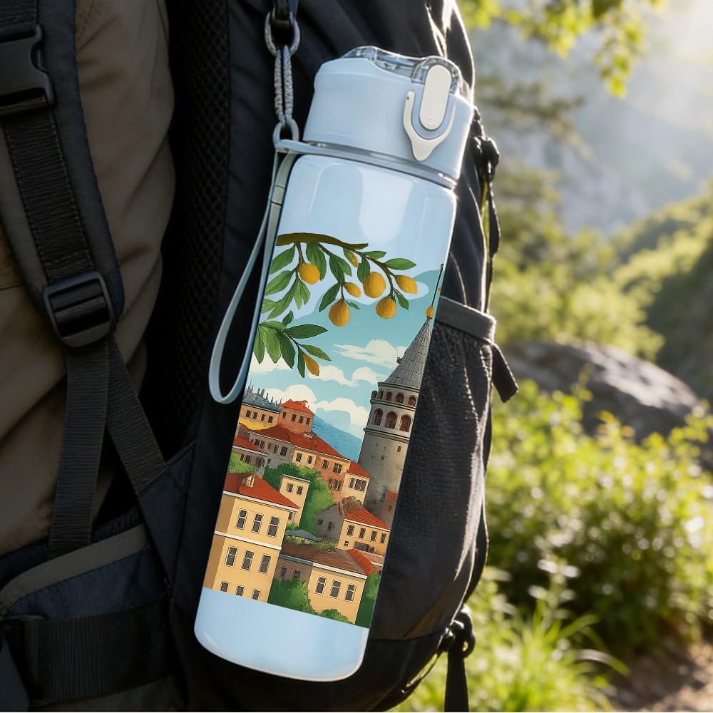 1PC Istanbul Mosque City Landscape Print 750ml Color Plastic Sports Water Bottle Leakproof Flip Straw Lid Suitable for Sports Office Home Use