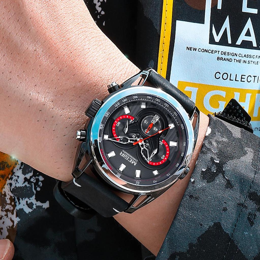 Megir Rose Black Luxury Chronograph Men Watches with Leather Strap