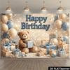 2D Plane Teddy Bear Birthday Party Background Fabric Blue and Gold Balloons Suitable for Indoor and Outdoor Use Polyester