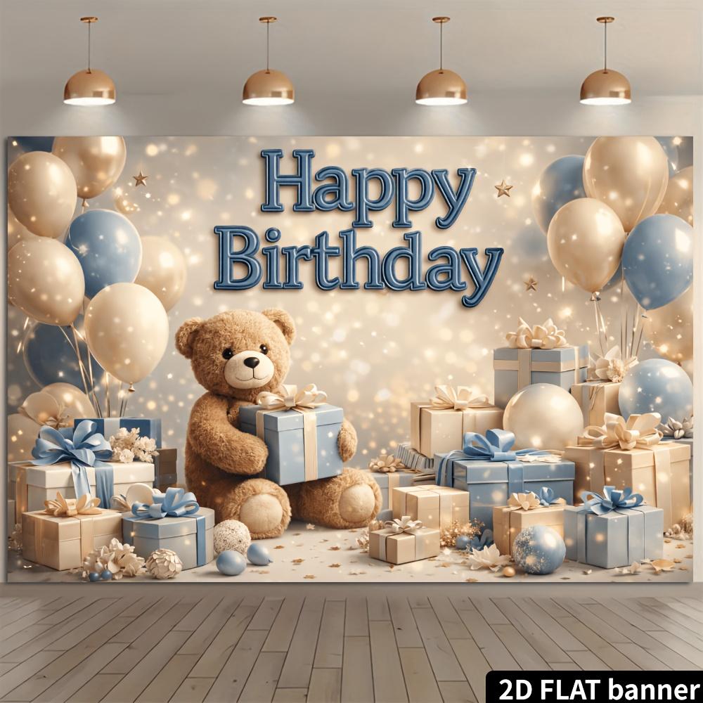 2D Plane Teddy Bear Birthday Party Background Fabric Blue and Gold Balloons Suitable for Indoor and Outdoor Use Polyester