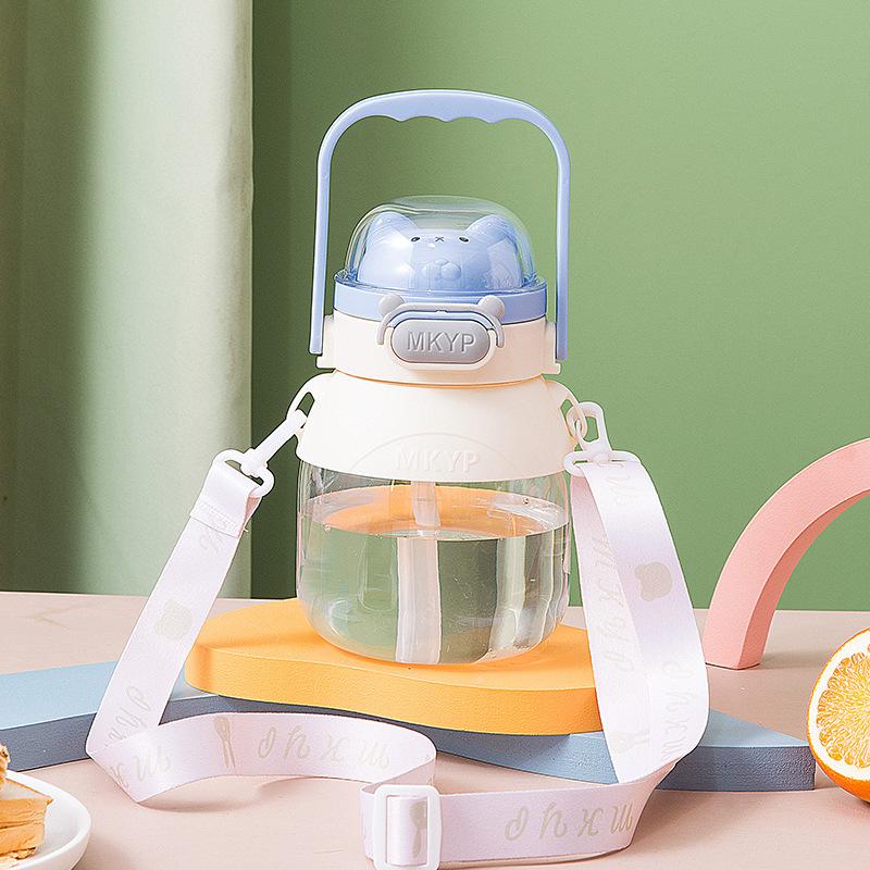 Girls Spacious Space Bear Big Belly Cup Plastic Cup Fitness Athletic Crossbody Water Cup with Straw Mobile Cell Phone Holder