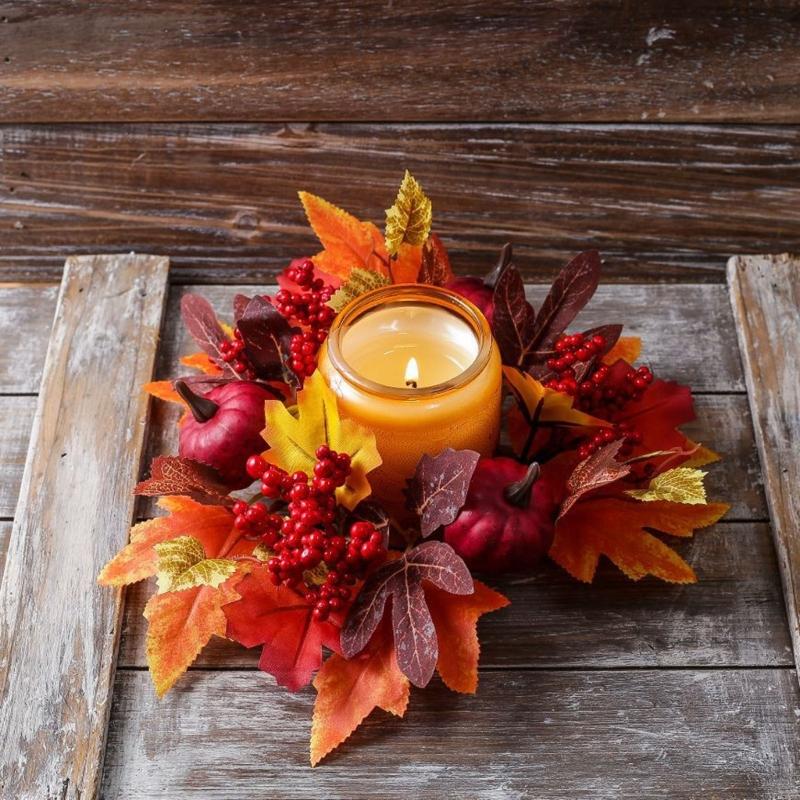 Fall Thanksgiving Table Decorations Vegetable Maple Leaf Candle Circle Safe